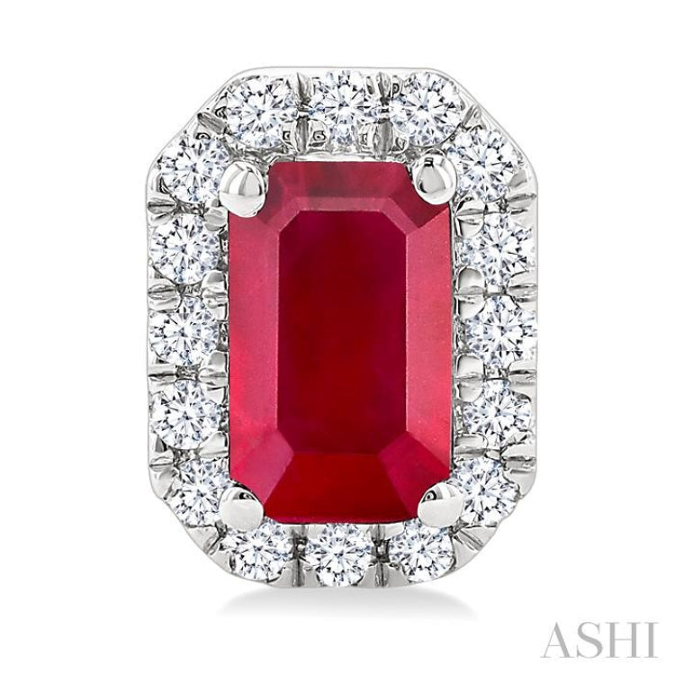 5x3 MM Octagonal Shape Ruby and 1/8 Ctw Round Cut Diamond Halo Precious Stud Earrings in 10K White Gold