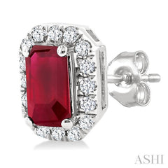 5x3 MM Octagonal Shape Ruby and 1/8 Ctw Round Cut Diamond Halo Precious Stud Earrings in 10K White Gold