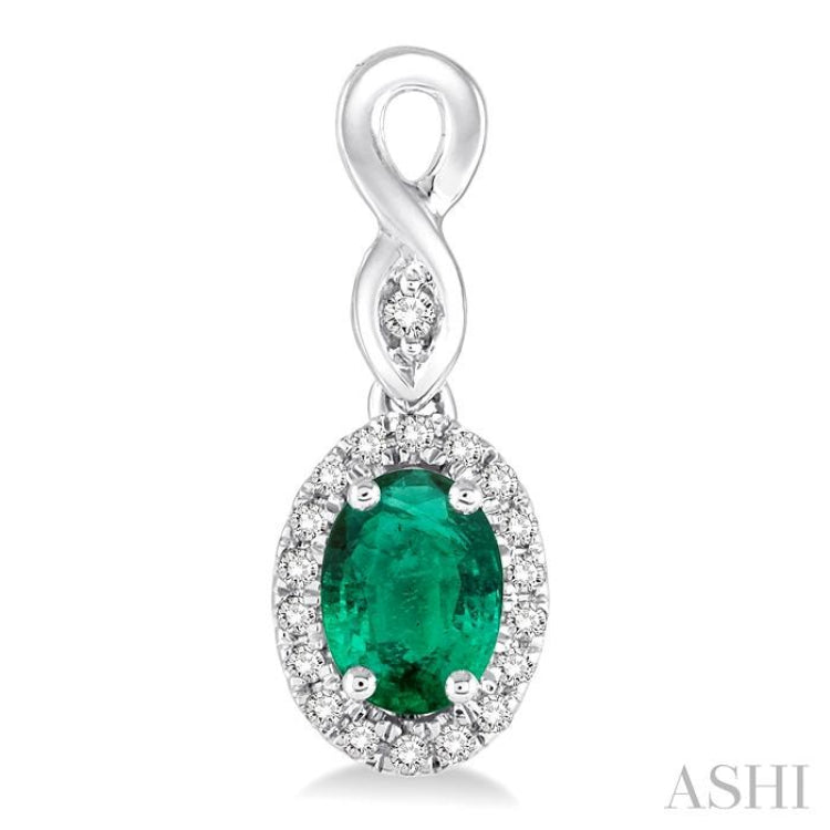 5x3 MM Oval Cut Emerald and 1/6 Ctw Round Cut Diamond Earrings in 14K White Gold