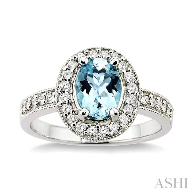 8x6mm Oval Cut Aquamarine and 1/3 Ctw Round Cut Diamond Ring in 14K White Gold
