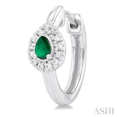 4X3 MM Pear Cut Emerald and 1/10 Ctw Petite Round Cut Halo Diamond Fashion Huggies in 10K White Gold