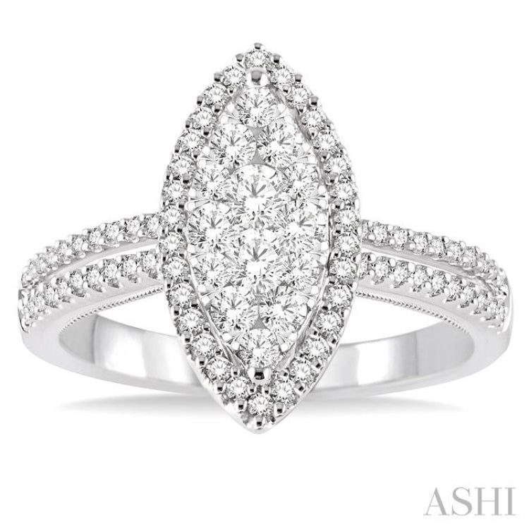 3/4 Ctw Marquise Shape Round Cut Diamond Lovebright Ring in 14K White Gold