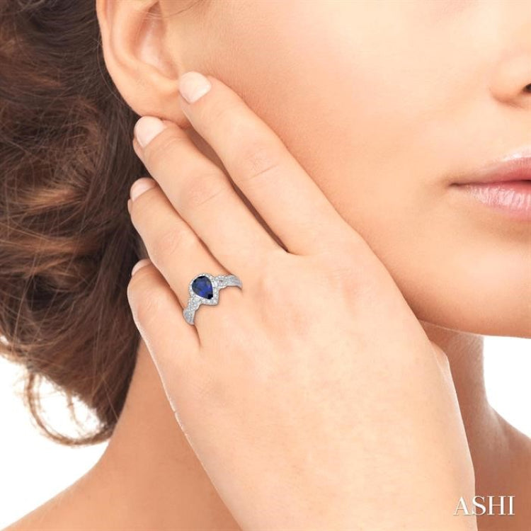 7x5 MM Pear Shape Sapphire and 1/2 Ctw Diamond Precious Ring in 14K White Gold