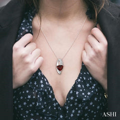 8x8 MM Trillion Cut Garnet and 1/20 Ctw Round Cut Diamond Pendant in 10K White Gold with Chain