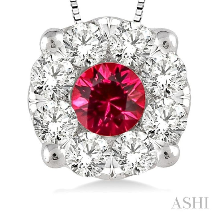 3.8 MM Round Cut Ruby and 1/3 Ctw Lovebright Precious Pendant in 14K White Gold with Chain