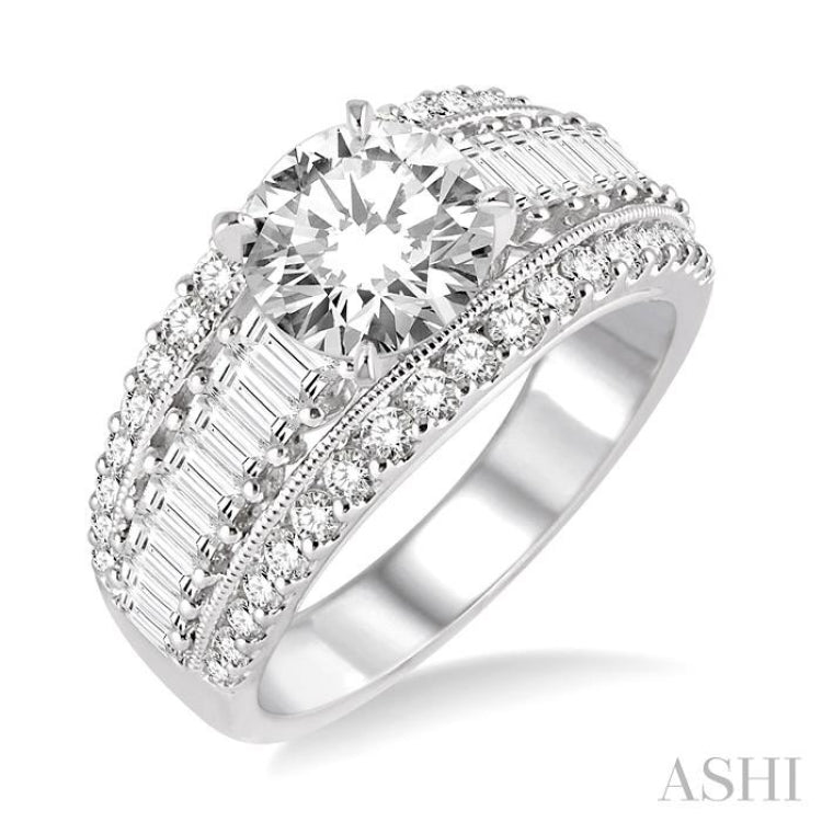 1 1/3 Ctw Baguette and Round Cut Diamond Semi-Mount Engagement Ring in 14K Yellow and White Gold