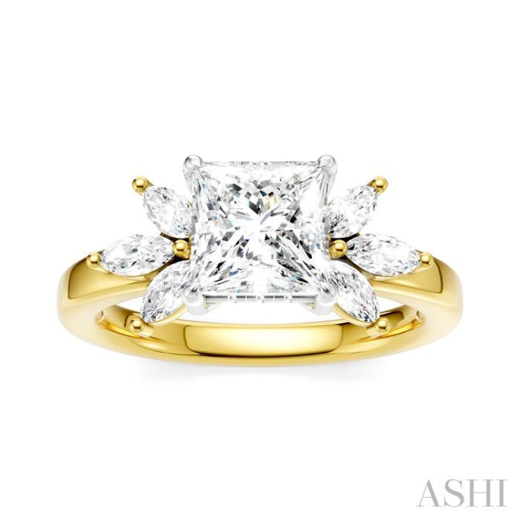 1/2 Ctw Akari Princess Shape Marquise and Round Cut Diamond Semi-Mount Engagement Ring in 14K Yellow and White Gold