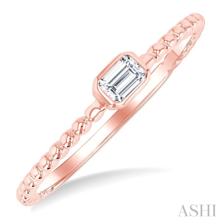 1/6 Ctw Ball Bead East-West Bezel Set Emerald Cut Diamond Stackable Petite Fashion Ring in 14K Rose Gold