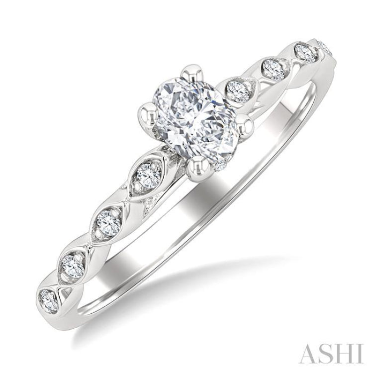 3/8 Ctw Marquise Mount Shank Round Cut Diamond Engagement Ring With 1/3 Ct Oval Cut Diamond Center Stone in 14K White Gold