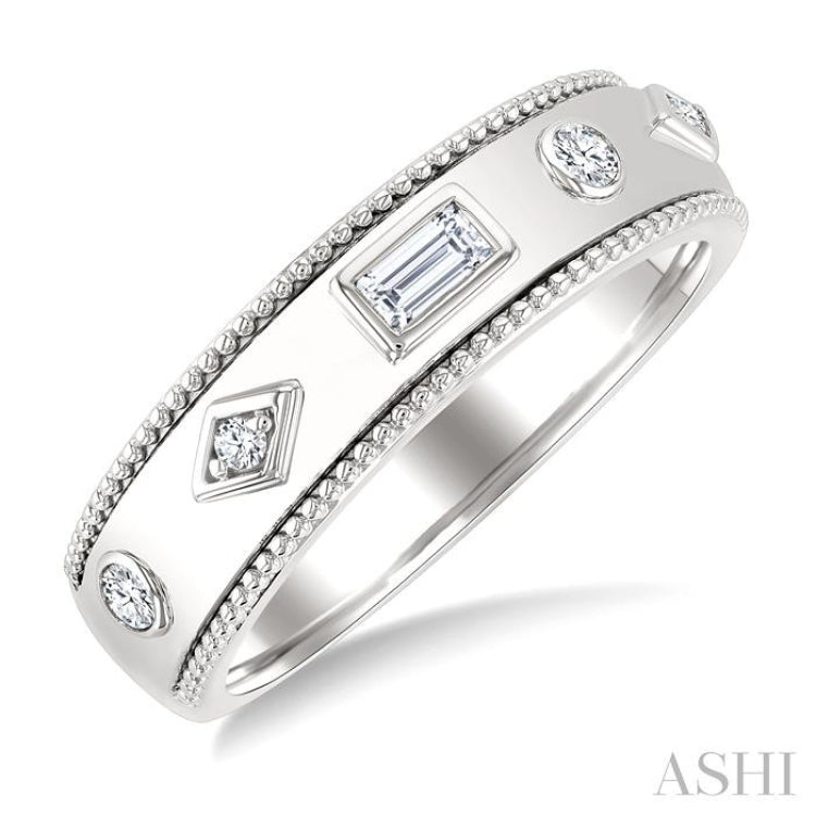 1/6 Ctw Mixed Shape Bezel Set Baguette and Round Cut Diamond Fashion Band in 14K White Gold