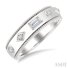 1/6 Ctw Mixed Shape Bezel Set Baguette and Round Cut Diamond Fashion Band in 14K White Gold