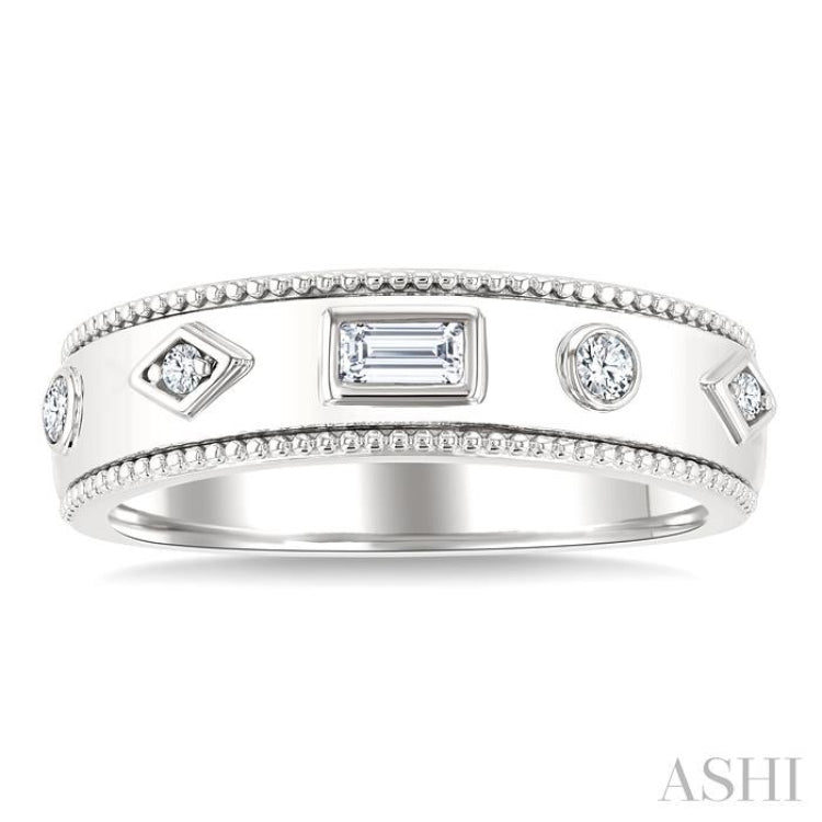 1/6 Ctw Mixed Shape Bezel Set Baguette and Round Cut Diamond Fashion Band in 14K White Gold