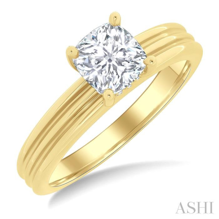 1/20 Ctw Cushion Shape Grooved Shank Round Cut Diamond Semi-Mount Engagement Ring in 14K Yellow Gold