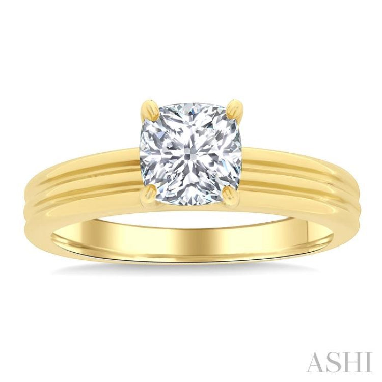 1/20 Ctw Cushion Shape Grooved Shank Round Cut Diamond Semi-Mount Engagement Ring in 14K Yellow Gold