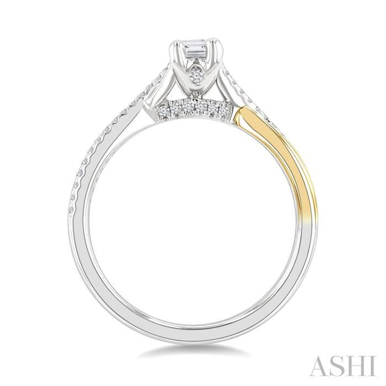 1/2 Ctw Split Crisscross Shank Diamond Engagement Ring With 1/3 Ct Emerald Cut Diamond Center Stone in 14K White and Yellow Gold