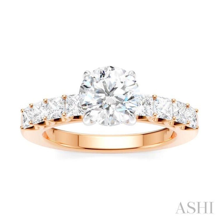 7/8 Ctw Round Shape Princess and Round Cut Diamond Semi-Mount Engagement Ring in 14K Rose and White Gold