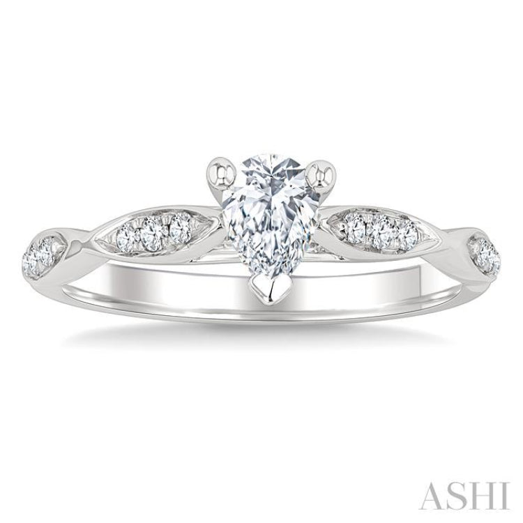 1/6 Ctw Pear Shape Center Marquise Carved Shank Round Cut Diamond Semi-Mount Engagement Ring in 14K White Gold