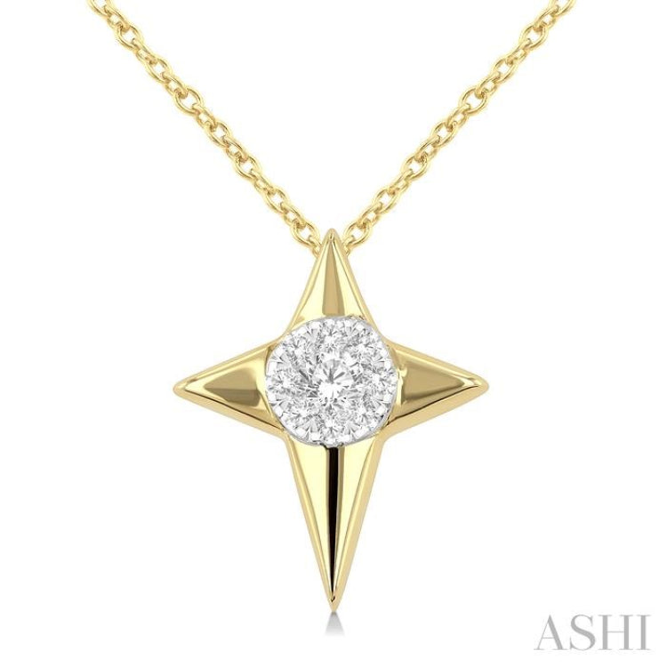 1/8 Ctw Lovebright Star Motif Round Cut Diamond Cluster Fashion Pendant With Chain in 14K Yellow and White Gold