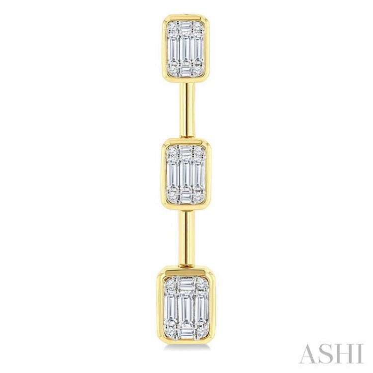7/8 Ctw Fusion Baguette and Round Cut Diamond Bar Link Fashion earrings in 14K Yellow and White Gold