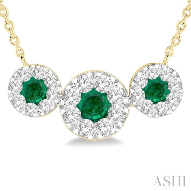 3.80 MM & 3 MM Round Shape Emerald and 5/8 Ctw Round Cut Diamond Past Present & Future Precious Lovebright Necklace in 14K Yellow and White Gold