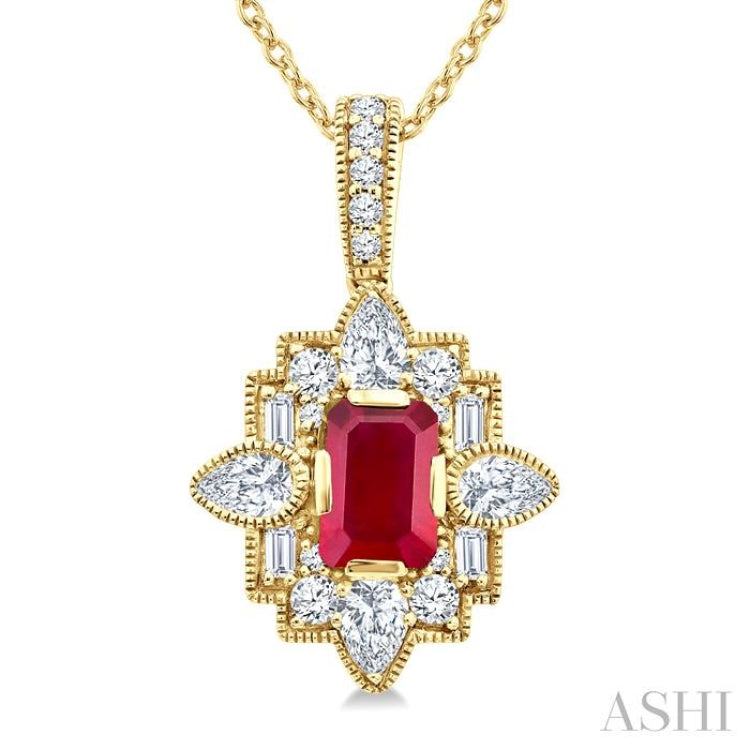 5/8 Ctw Art Deco 6X4MM Octagon Shape Ruby and Mixed Cut Diamond Precious Pendant With Chain in 14K Yellow Gold