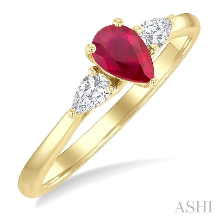 1/5 Ctw 3-Stone Pear Cut 6X4MM Ruby and Pear Cut Diamond Precious Ring in 14K Yellow Gold