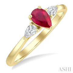 1/5 Ctw 3-Stone Pear Cut 6X4MM Ruby and Pear Cut Diamond Precious Ring in 14K Yellow Gold