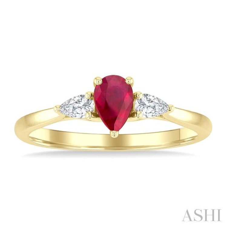 1/5 Ctw 3-Stone Pear Cut 6X4MM Ruby and Pear Cut Diamond Precious Ring in 14K Yellow Gold