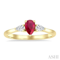 1/5 Ctw 3-Stone Pear Cut 6X4MM Ruby and Pear Cut Diamond Precious Ring in 14K Yellow Gold