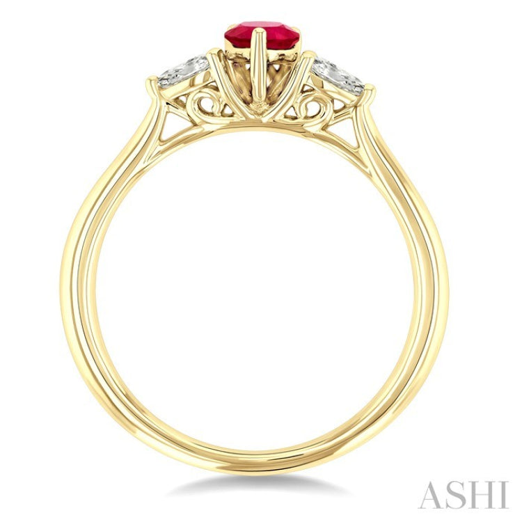 1/5 Ctw 3-Stone Pear Cut 6X4MM Ruby and Pear Cut Diamond Precious Ring in 14K Yellow Gold