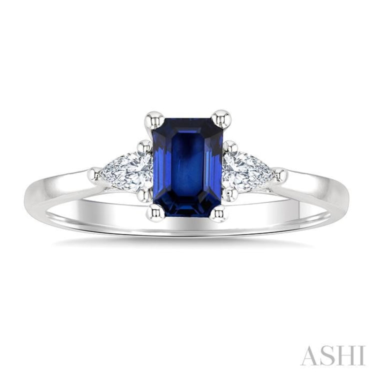 1/5 Ctw 3-Stone Emerald Cut 6X4MM Sapphire and Pear Cut Diamond Precious Ring in 14K White Gold