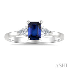 1/5 Ctw 3-Stone Emerald Cut 6X4MM Sapphire and Pear Cut Diamond Precious Ring in 14K White Gold