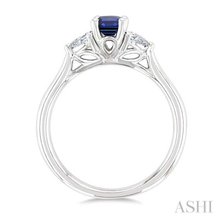 1/5 Ctw 3-Stone Emerald Cut 6X4MM Sapphire and Pear Cut Diamond Precious Ring in 14K White Gold