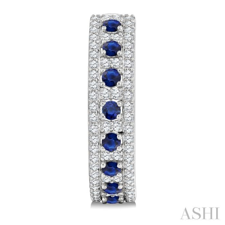 3/4 Ctw 2.00MM Round Cut Sapphire and Round Cut Diamond Precious Hoop Earring in 14K White Gold