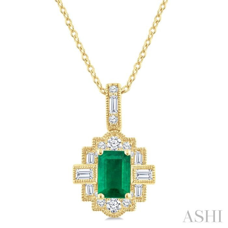 6X4 MM Octagon Shape Emerald and 1/4 Ctw Round and Baguette Cut Diamond Precious Pendant With Chain in 14K Yellow Gold