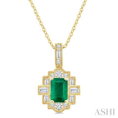 6X4 MM Octagon Shape Emerald and 1/4 Ctw Round and Baguette Cut Diamond Precious Pendant With Chain in 14K Yellow Gold