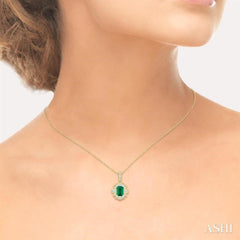 6X4 MM Octagon Shape Emerald and 1/4 Ctw Round and Baguette Cut Diamond Precious Pendant With Chain in 14K Yellow Gold