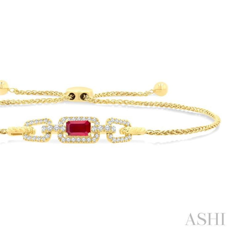 1/4 Ctw 5X3MM Octagon Shape Ruby and Round Cut Diamond Precious Rectangular Open Link Lariat Bracelet in 14K Yellow Gold