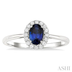 6x4 MM Oval Shape Sapphire and 1/6 Ctw Round Cut Diamond Halo Precious Ring in 14K White Gold