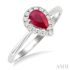 6x4 MM Pear Shape Ruby and 1/6 Ctw Round Cut Diamond Halo Precious Ring in 14K White Gold