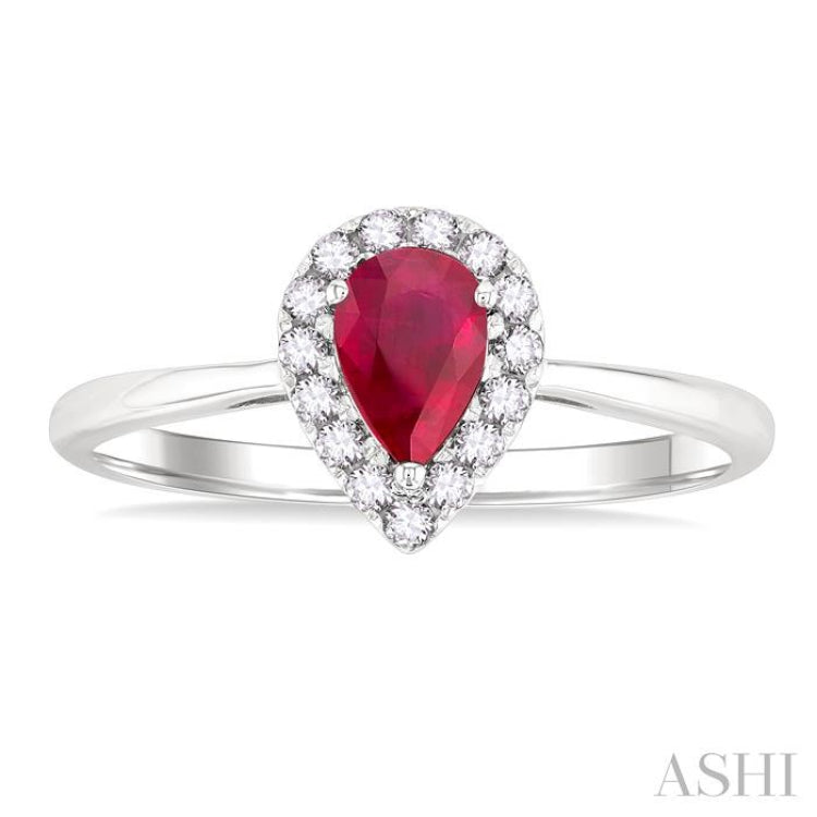 6x4 MM Pear Shape Ruby and 1/6 Ctw Round Cut Diamond Halo Precious Ring in 14K White Gold