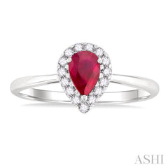 6x4 MM Pear Shape Ruby and 1/6 Ctw Round Cut Diamond Halo Precious Ring in 14K White Gold