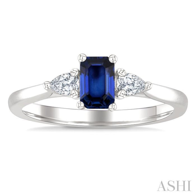 1/5 Ctw 3-Stone Emerald Cut 6X4MM Sapphire and Pear Cut Diamond Precious Ring in 14K White Gold