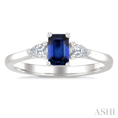 1/5 Ctw 3-Stone Emerald Cut 6X4MM Sapphire and Pear Cut Diamond Precious Ring in 14K White Gold