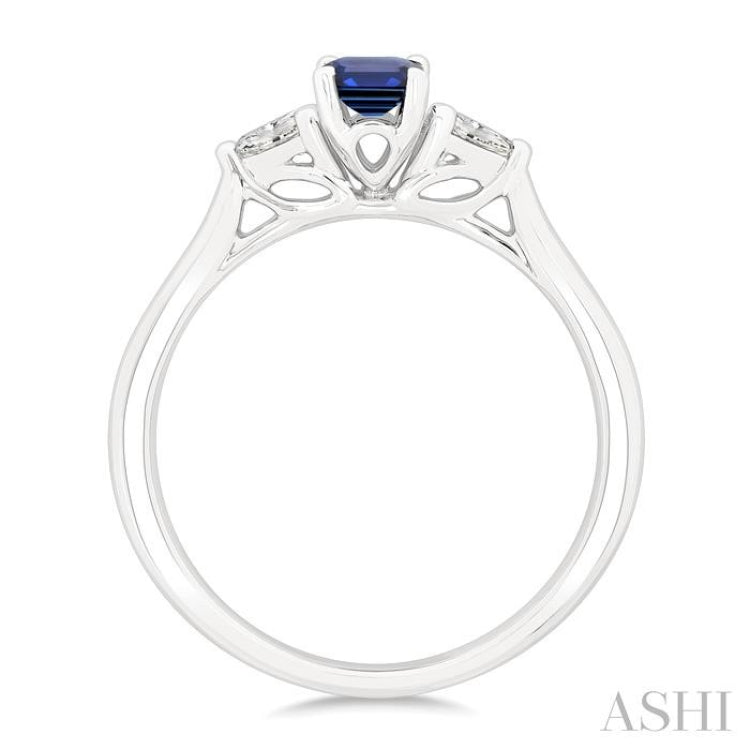 1/5 Ctw 3-Stone Emerald Cut 6X4MM Sapphire and Pear Cut Diamond Precious Ring in 14K White Gold