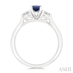 1/5 Ctw 3-Stone Emerald Cut 6X4MM Sapphire and Pear Cut Diamond Precious Ring in 14K White Gold