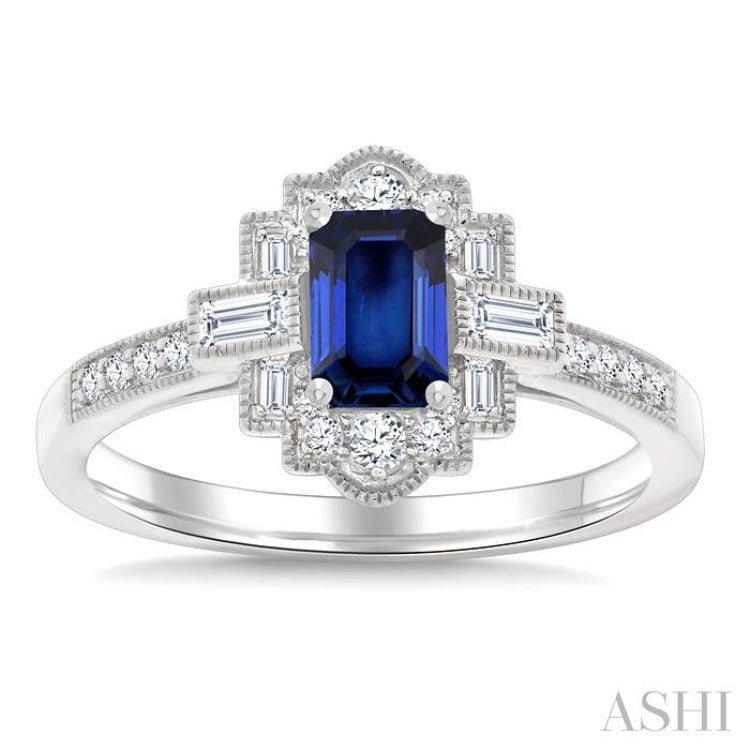 1/3 Ctw Art Deco 6X4MM Octagon Shape Sapphire, Baguette and Round Cut Diamond Precious Fashion Ring in 14K White Gold