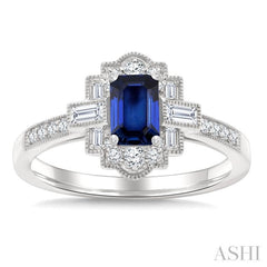 1/3 Ctw Art Deco 6X4MM Octagon Shape Sapphire, Baguette and Round Cut Diamond Precious Fashion Ring in 14K White Gold
