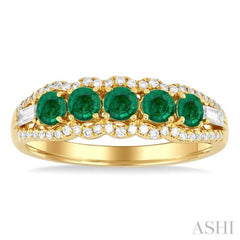 3.1 MM Round Emerald and 1/4 Ctw Baguette and Round Cut Diamond 5-Stone Precious Ring in 14K Yellow Gold