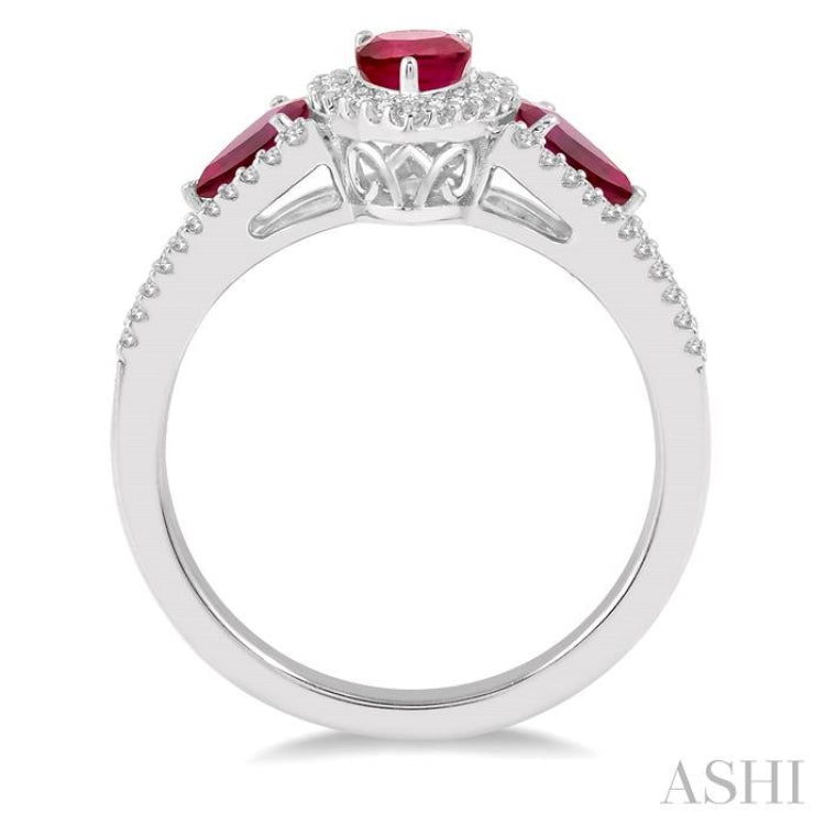 6x4 MM & 5x3 MM Triple Pear Shape Ruby and 1/5 Ctw Round Cut Diamond Precious Ring in 10K White Gold